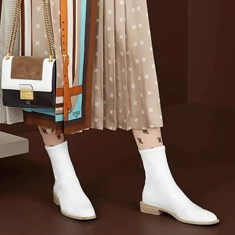 New Fendi FFrame White Patent Neoprene Stretch Logo Ankle Chelsea Boot 38/ US 8